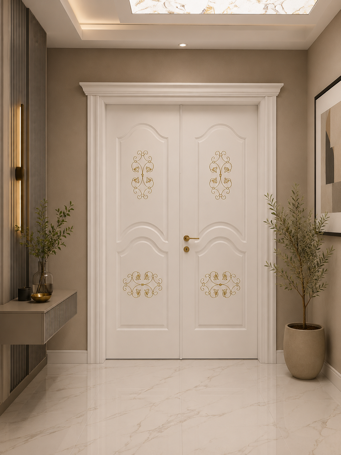 Beyaz Çift Kanat Arabesk CNC Villa Kapısı